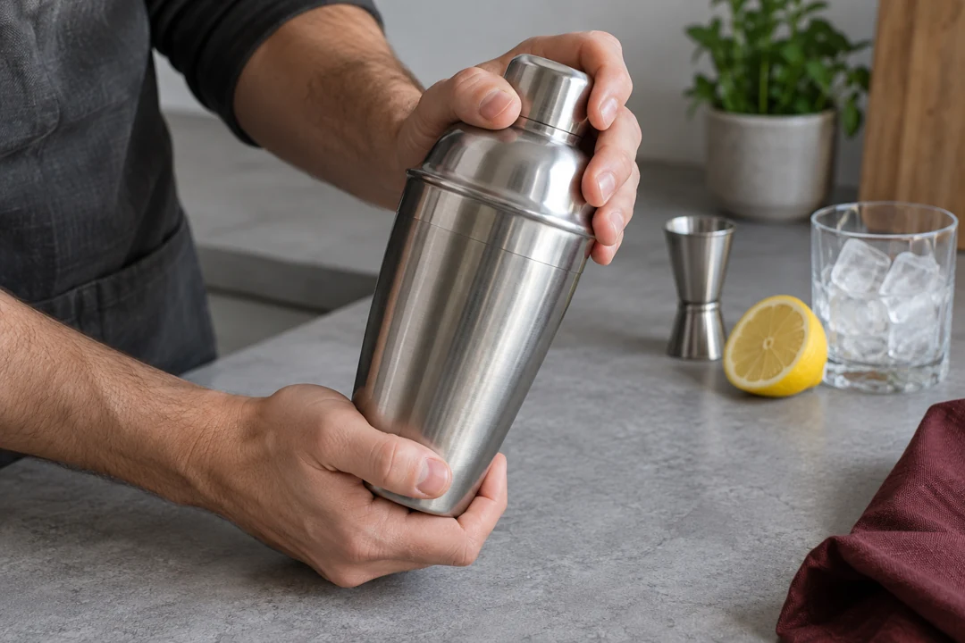 Två händer håller en tredelad shaker, med grepp om botten och locket.