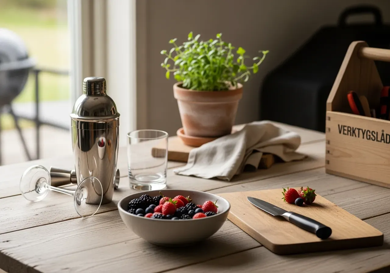 Sekatör och trädgårdssax på bänk